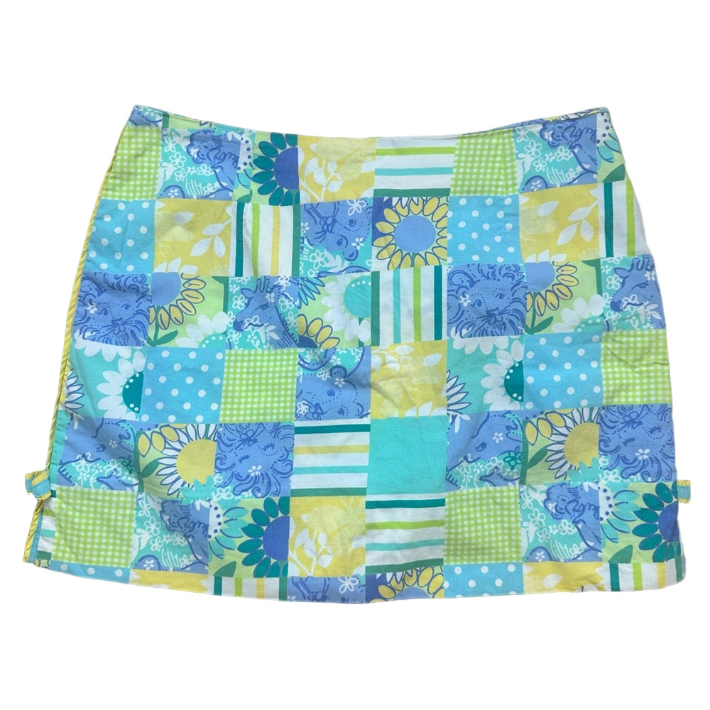 LILLY PULITZER Blue & Yellow Patchwork Print Vintage Skirt Size 4